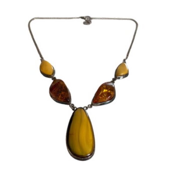 sterling Silver 925 Amber Necklace Statement Butterscotch modernist scandinavian - Picture 1 of 12